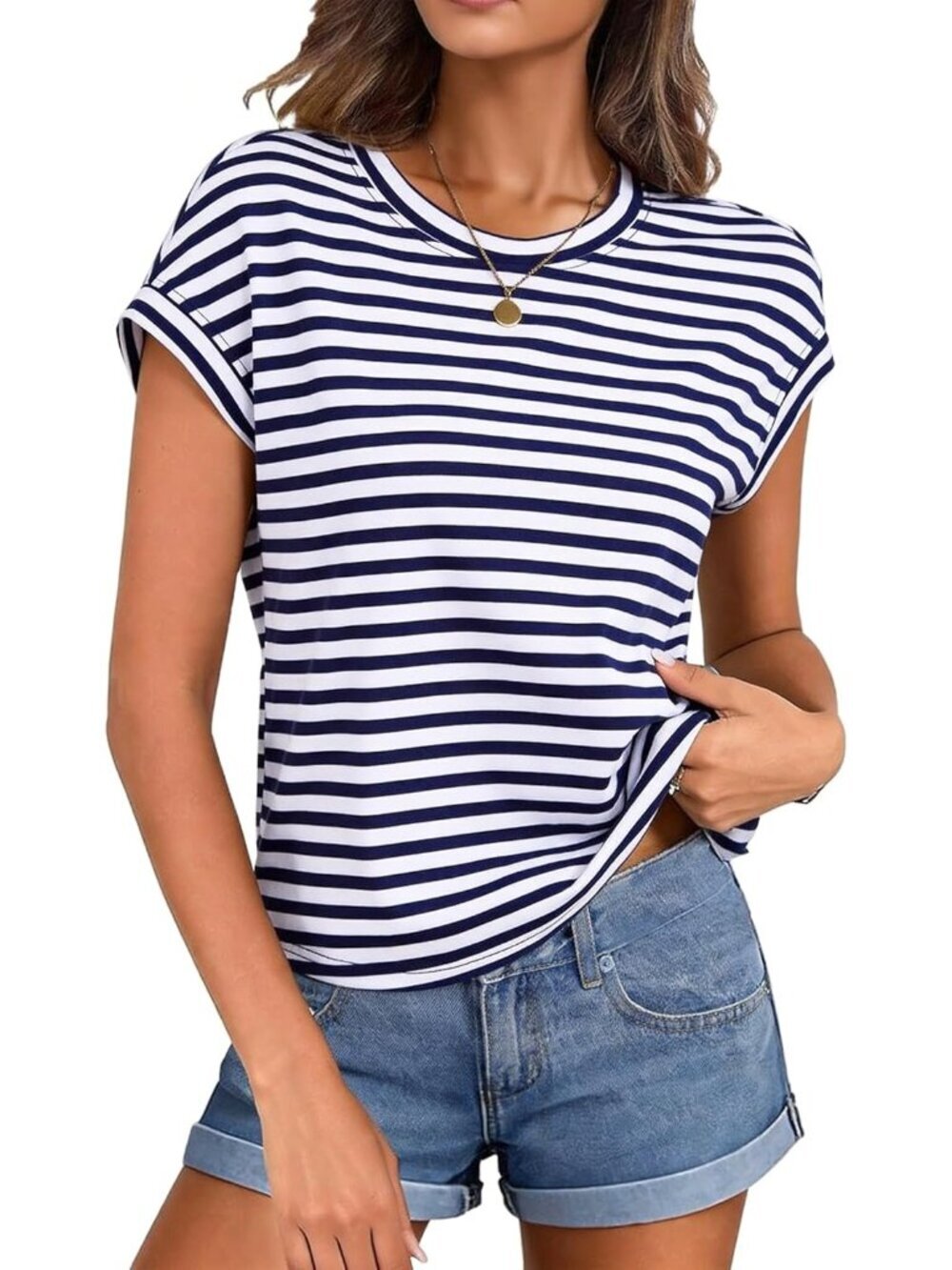 Women's Wide Stripe Navy Cute Short Sleeve Boxy Crew Neck Basic Summer Crop Top